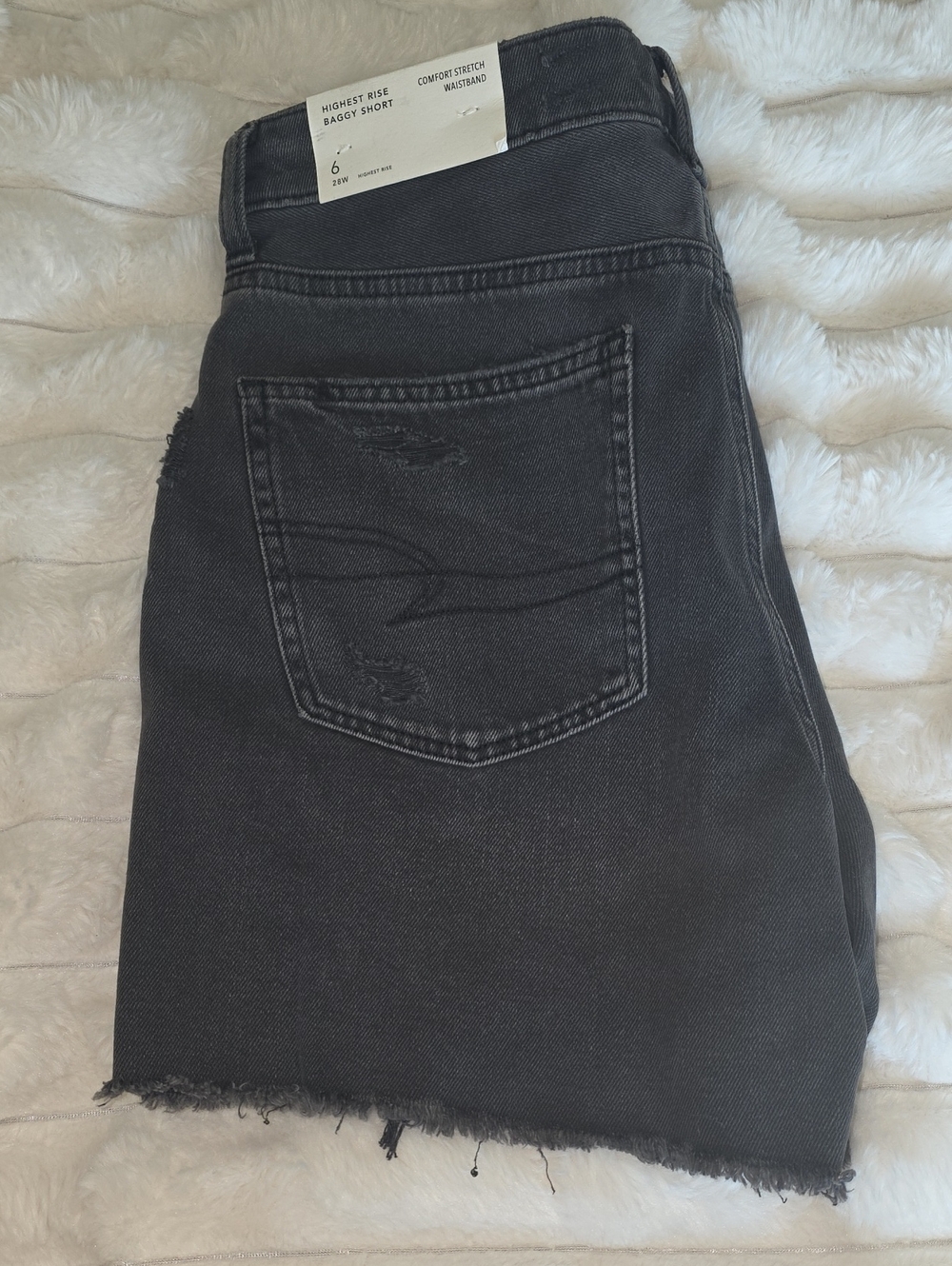 American Eagle Black High-Rise Baggy Short with Distressed Hem